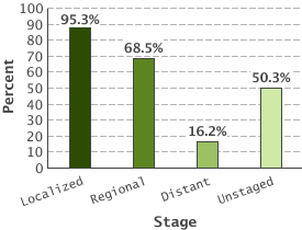 95.3% localized; 67.5% regional; 16.9% distant; 47.8% unstaged